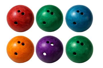 Png set of colorful bowling balls in red, green, blue, orange, and purple isolated on transparent background. concept of sports equipment, leisure activity, bowling alley decor.