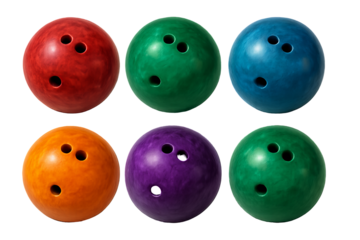 Png set of colorful bowling balls in red, green, blue, orange, and purple isolated on transparent background. concept of sports equipment, leisure activity, bowling alley decor.