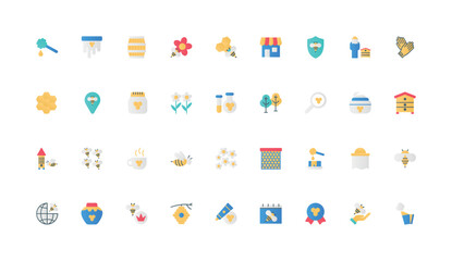 Honey product and honeycomb, apiary, agriculture color icon set. Natural nectar and pollen, beeswax and sweet flower honey certificate, bee and beekeeper, propolis flat elements vector illustration