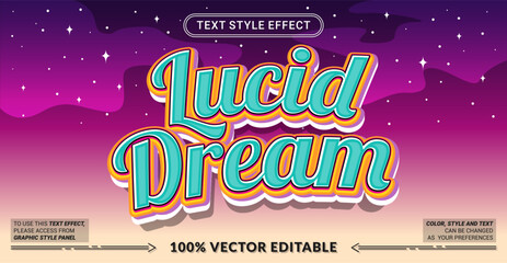 Editable text effect vector &ldquo;Lucid Dream&rdquo; features playful bold 3D lettering with cheerful vibes, colorful highlights, and a dreamy joyful style for creative visuals.