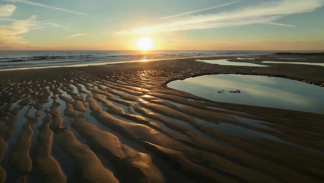 Cinematic 4K coastal sunset footage showing intricate sand patterns and shallow reflective pools revealed at low tide with sun hovering near horizon in smooth aerial