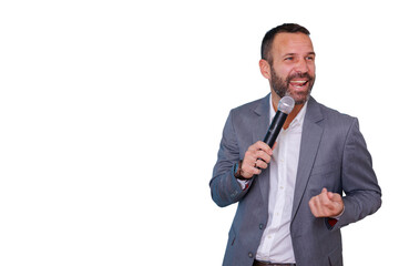Professional man speaking into microphone at conference, delivering speech, expressing enthusiasm with transparent background