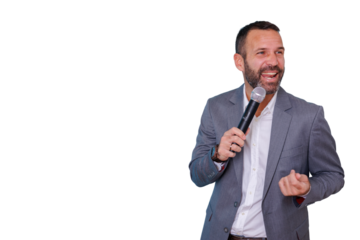 Professional man speaking into microphone at conference, delivering speech, expressing enthusiasm with transparent background