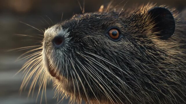 Close up portrait of wild rodent nutria with detailed fur whiskers and eye showing wildlife nature animal behavior and natural habitat concept in soft cinematic light
