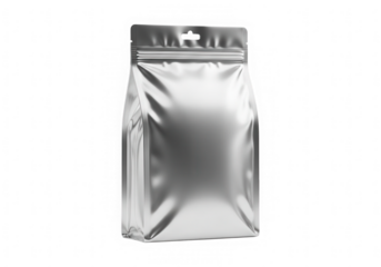 A metallic silver stand up pouch with a ziplock closure and a hang hole isolated on transparent background