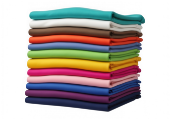 A tall stack of neatly folded colorful towels in various vibrant hues isolated on transparent background
