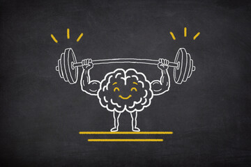 Brain exercise. Human brain lifting weights. Cognitive development concept.
