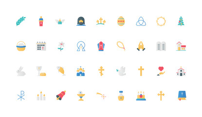 Christian religion and community, holy Bible book study and cross, church chapel and cathedral color icon set. Faith and god, missionary, religious prayer and calendar flat element vector illustration