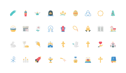 Fotobehang Ridders Christian religion and community, holy Bible book study and cross, church chapel and cathedral color icon set. Faith and god, missionary, religious prayer and calendar flat element vector illustration  © lembergvector