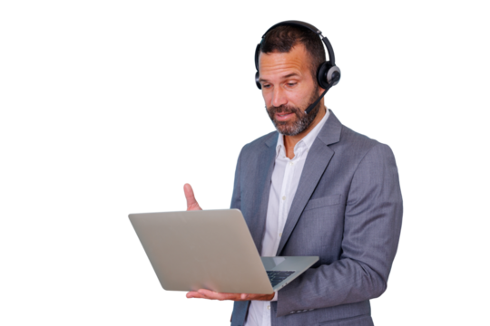 Businessman wearing headset and holding laptop, having a video call delivering remote customer support on transparent background - Powered by Adobe