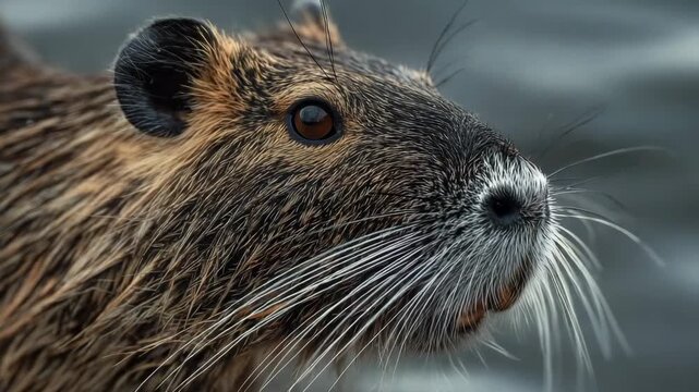 Close up portrait of nutria also known as coypu showing detailed fur whiskers and eyes wild rodent animal in natural environment wildlife concept calm mood high detail nature scene