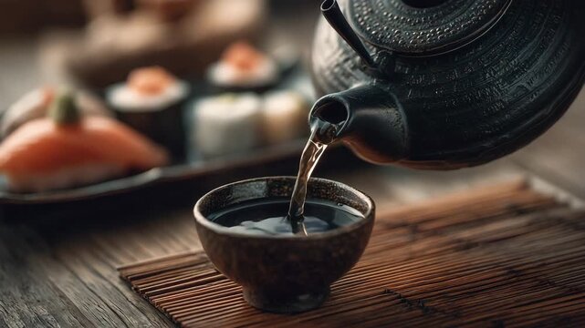 Traditional tea being poured from ceramic teapot into small cup creating calm atmosphere symbolizing tea ceremony mindfulness relaxation asian culture hospitality and slow living lifestyle