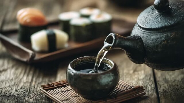 Ceramic teapot pouring tea into cup on bamboo mat Japanese food setting with sushi in background authentic cuisine tradition mindfulness calm mood rustic table minimal composition