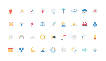 Naklejka premium Weather forecast and meteorology, climate, rain and snow, Celsius and Fahrenheit temperature color icon set. Rainbow and wind, cloud with drops and storm, seasons flat elements vector illustration