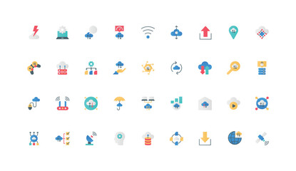 Fototapeta premium Cloud services, hardware and network model color icon set. SaaS, domain and hosting, virtual platform to compute and control data allocation, sharing and upload flat elements vector illustration