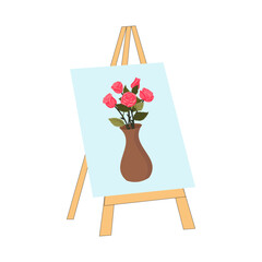 Canvas on an easel depicting a bouquet of roses in a vase. Vector illustration isolated on a white background.