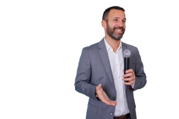 Speaker man presenting with microphone, smiling and gesturing, giving a speech during a conference, transparent background