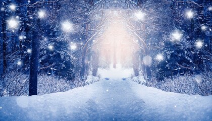 Magical Snowy Forest Path With Twinkling Lights Winter Wonderland Background