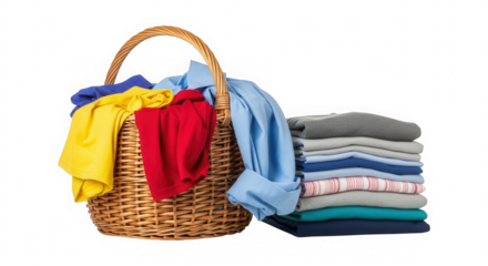 Wicker laundry basket overflowing with colorful clothes next to a neat stack of folded garments isolated on transparent background