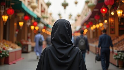 Back view of a woman in an abaya and hijab, looking out onto the lively, decorated market street preparing for the spiritual holiday of the Prophet's Ascension.
