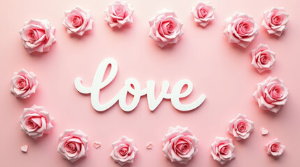 White love text placed inside round wreath of pale pink roses on soft pastel background. Romantic floral concept for valentine, wedding, greeting cards and love messages