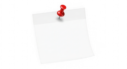 A blank white paper note pinned with a red thumbtack on a transparent background isolated on transparent background