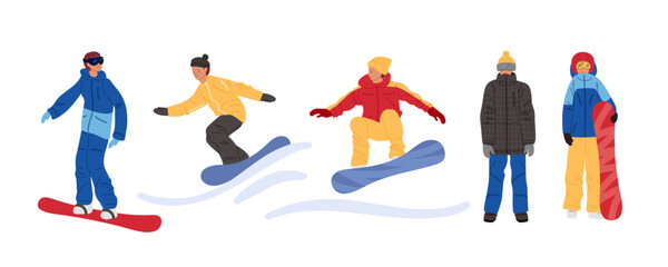 Groups of snowboarders showcase their skills on the snow at a ski resort in winter while wearing colorful gear