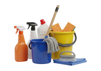 Collection of cleaning supplies including spray bottles buckets sponges mop and brush isolated on transparent background