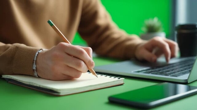 Person writing notes in notebook while working on laptop at green desk representing remote work planning education productivity digital workflow and modern professional lifestyle