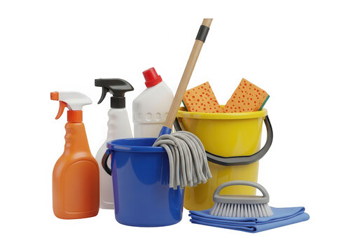 Collection of cleaning supplies including spray bottles buckets sponges mop and brush isolated on transparent background