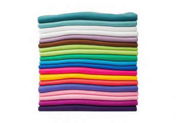 A stack of colorful fabric swatches neatly folded in a rainbow gradient isolated on transparent background