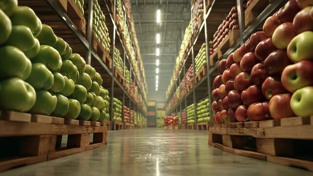 Large warehouse filled with fresh apples stored on wooden pallets representing food supply chain storage distribution agriculture logistics freshness quality and industrial fruit handling environment