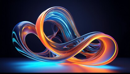 a abstract sculpture with glowing neon edges blending blue and orange neon hues in a fluid futuristic design