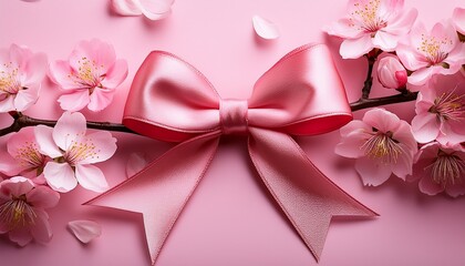 Delicate Pink Ribbon Bow With Cherry Blossoms