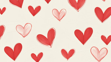 Seamless pattern of red and pink hand drawn hearts scattered on white background. Love, romance, valentine, wedding, greeting card and romantic design concept