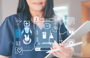 Medical professional using digital tablet with futuristic AI interface for healthcare data access, diagnosis, and patient records. Concept of advanced medical technology and laboratory research