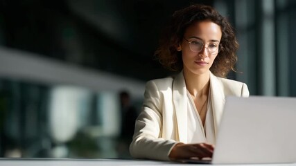 4k Confident businesswoman typing on laptop in modern office with panoramic windows and natural sunlight calm professional expression, smart formal clothing - Powered by Adobe