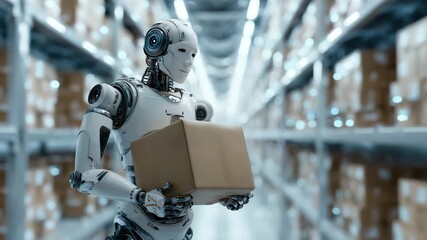 Robotic humanoid holding package in large warehouse illustrating ai powered automation robotics logistics distribution technology and modern supply chain operations - Powered by Adobe