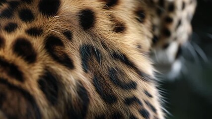 4k Close-up of a Persian leopard (Panthera pardus saxicolor) detailed fur texture with golden tones and black rosettes, soft natural lighting highlighting the sleek pattern, ultra-rea