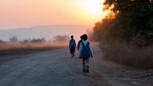 4k Children from poor countries walking to school barefoot kids carrying old backpacks along a dusty rural road, sunrise in the background, sense of hope and