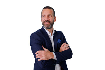 Professional business man smiling with arms crossed, looking away, confident and successful, transparent background