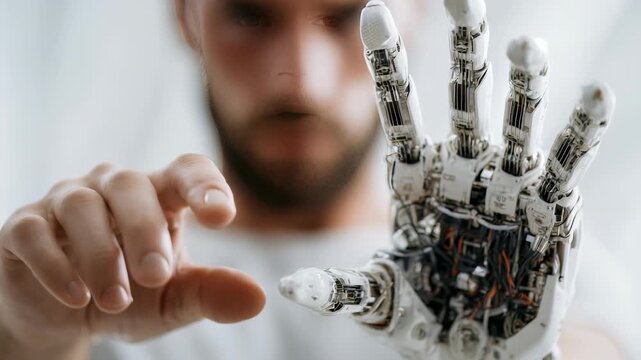 A man interacts with a highly advanced robotic hand, symbolizing the integration of artificial intelligence and human innovation. Futuristic technology and robotics merge in this concept