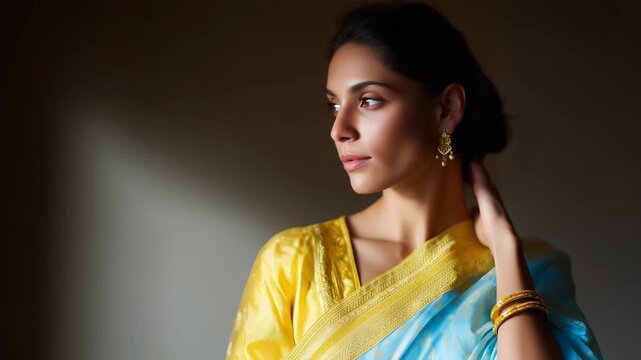 4k Elegant woman wearing a traditional Indian sari vibrant silk fabric with golden embroidery, graceful pose against a softly lit background, jewelry and bangles shimmering in warm li