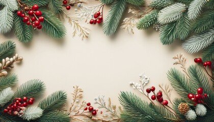 Beautiful Vintage Christmas Themed Border Page In Winter Green Beige And Cream Style With Pine Branches And Red Berries Ornate Merry Christmas Greeting Cards