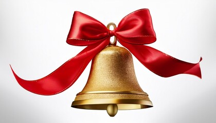 Golden Christmas Bell With Red Bow Isolated On Transparent Background