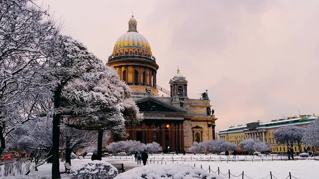 St. Petersburg, Russia - November 23, 2025: View of the snow-covered St. Isaac's Square with snow-covered trees and St. Isaac's Cathedral on a winter day at sunset. 4K