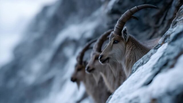 4k Group of wild Markhor climbing icy cliffs in the mountains snow-covered rocks, white cloudy sky, detailed spiral horns and fur, cold and dramatic wilderness mood, hyper-realistic c