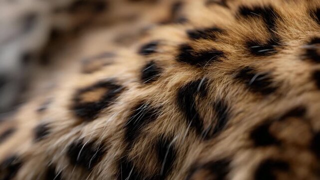 4k Macro shot of the Persian leopard&rsquo;s fur pattern rich golden and beige tones with bold black rosettes, high-definition texture detail, soft blurred background, artistic and realisti