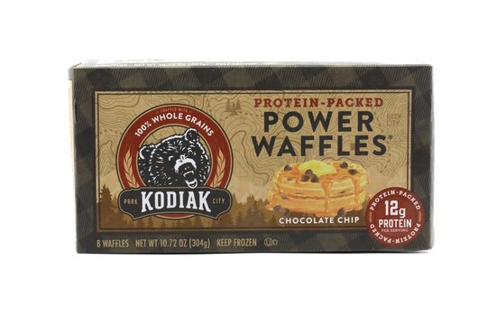 Kodiak Cakes brand frozen waffles. Kodiak is a brand of whole-grain pancake and waffle mixes. The brand, which began as a small family operation, is based in Utah.