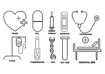 Black-and-white medical icons including heart, pill, syringe, DNA, and hospital bed 